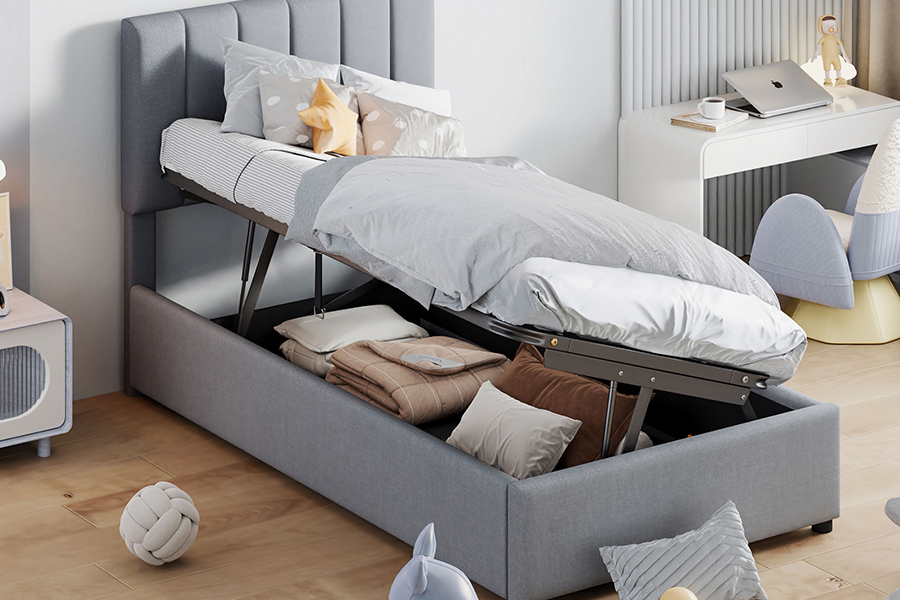 N16 Vải màu xám hiện đại Chức năng lưu trữ có thể nâng lên Khung giường lưu trữ bọc nệm