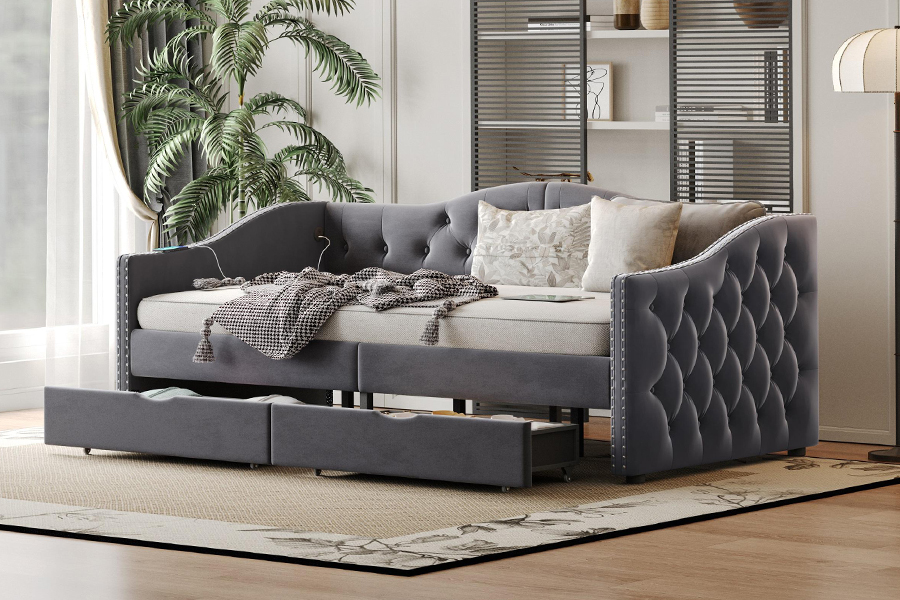 N13 Giường sofa nhung xám hiện đại Châu Âu Lưu trữ
