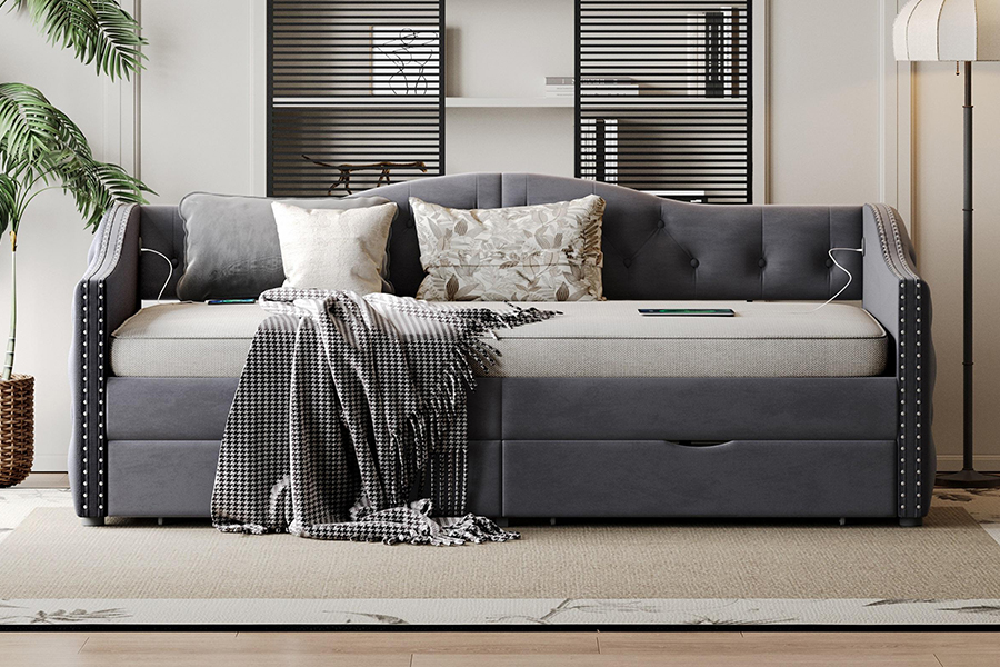 N13 Giường sofa nhung xám hiện đại Châu Âu Lưu trữ