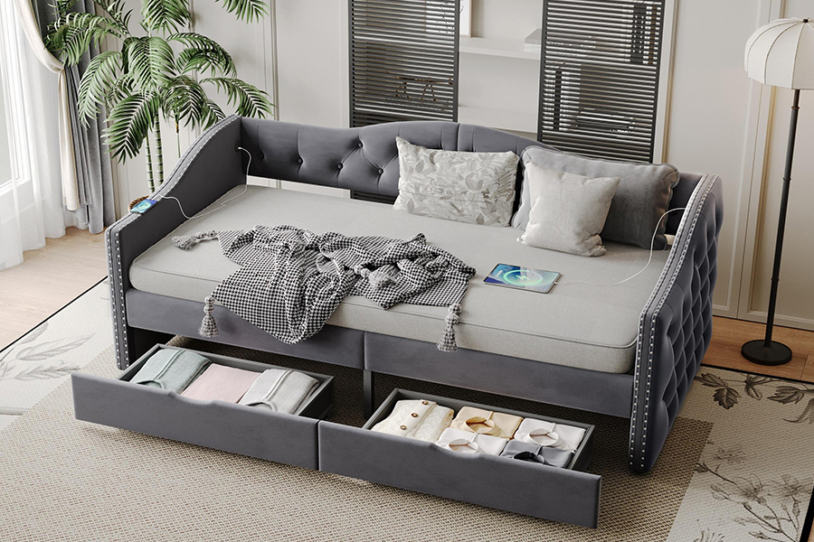 N13 Giường sofa nhung xám hiện đại Châu Âu Lưu trữ