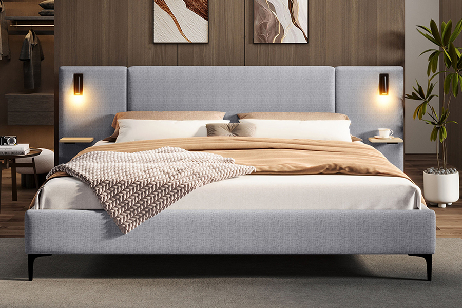 N1 Vải bền màu xám đậm Khung giường bọc bằng đèn LED chắc chắn