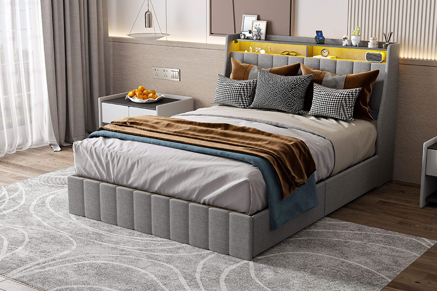 Giường vải màu xám N2 Vật liệu thân thiện với môi trường Khung giường bọc nệm LED