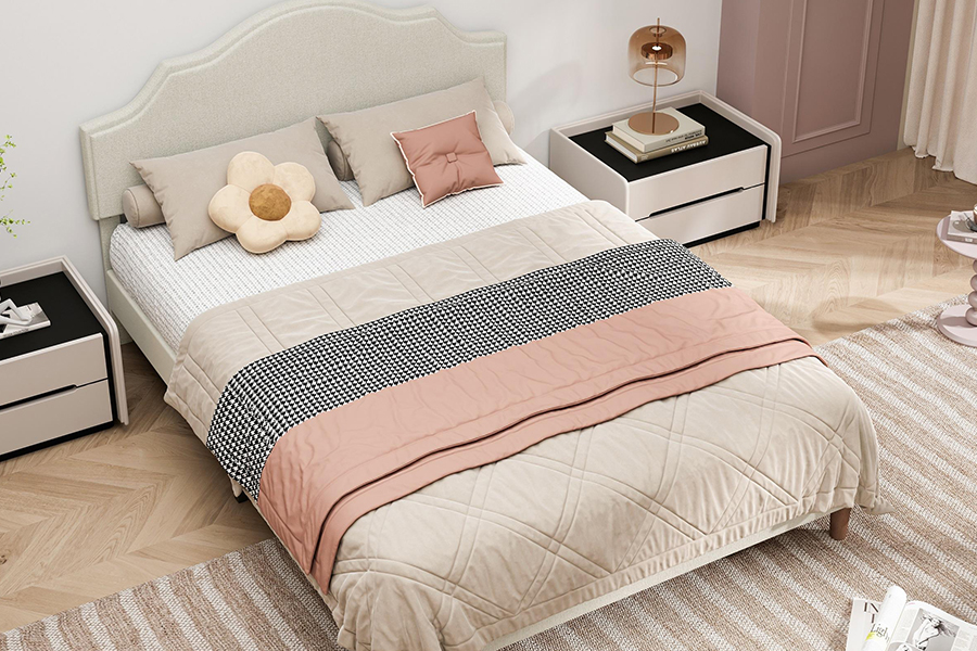 N21 Giường bọc vải màu be chất lượng cao cỡ Queen