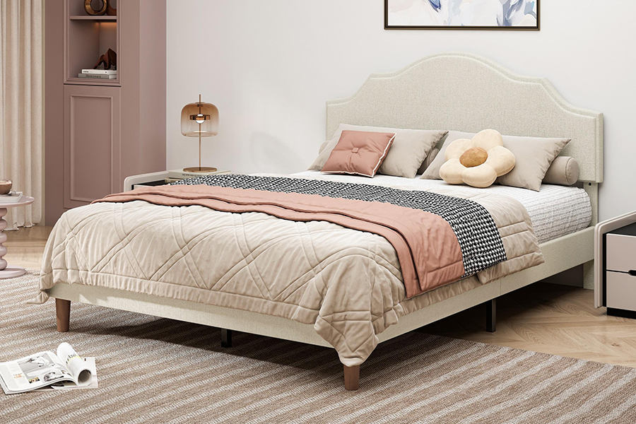 N21 Giường bọc vải màu be chất lượng cao cỡ Queen