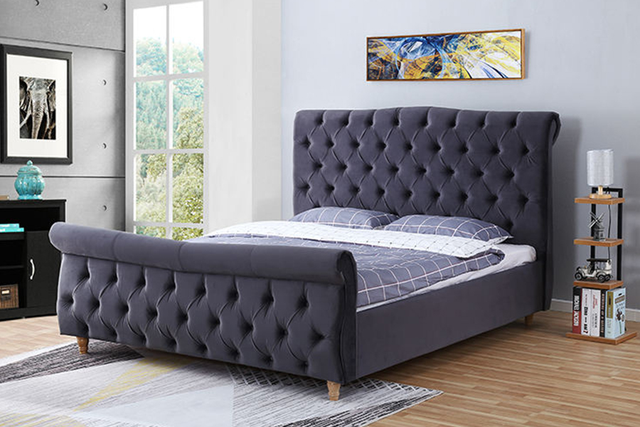 Giường bọc nệm khung gỗ bọc vải nhung 1304