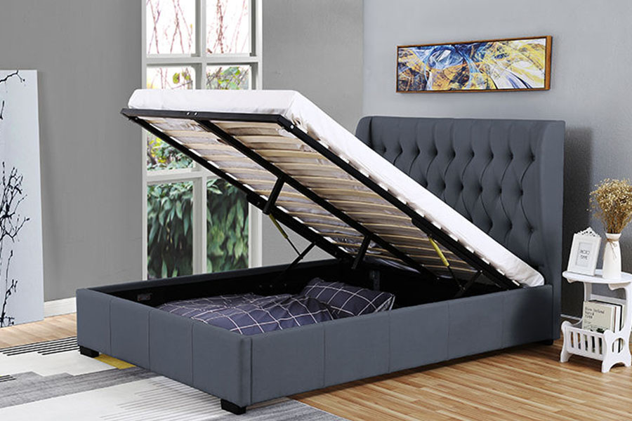 Khung giường lưu trữ chi tiết có nút bấm bằng vải màu xám có đầu giường cao 1310G