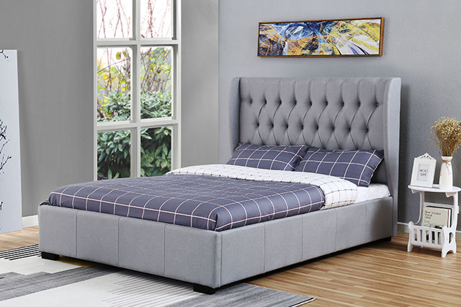 Khung giường lưu trữ chi tiết có nút bấm bằng vải màu xám có đầu giường cao 1310G