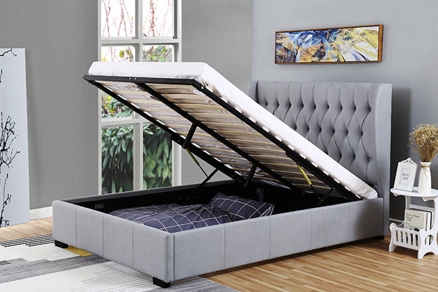 Khung giường lưu trữ chi tiết có nút bấm bằng vải màu xám có đầu giường cao 1310G