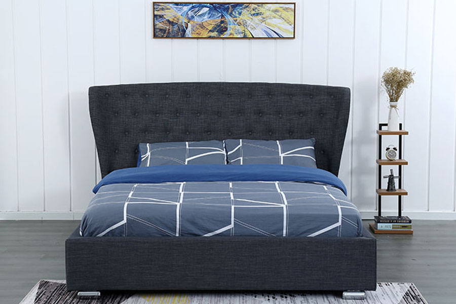 1292G Giường bọc nệm chân gỗ bằng vải lanh màu xám Wingback Châu Âu