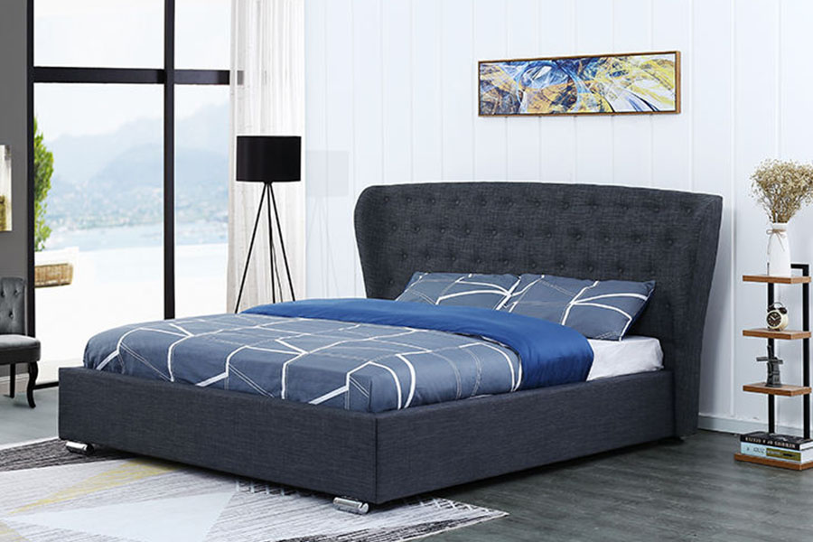 1292G Giường bọc nệm chân gỗ bằng vải lanh màu xám Wingback Châu Âu