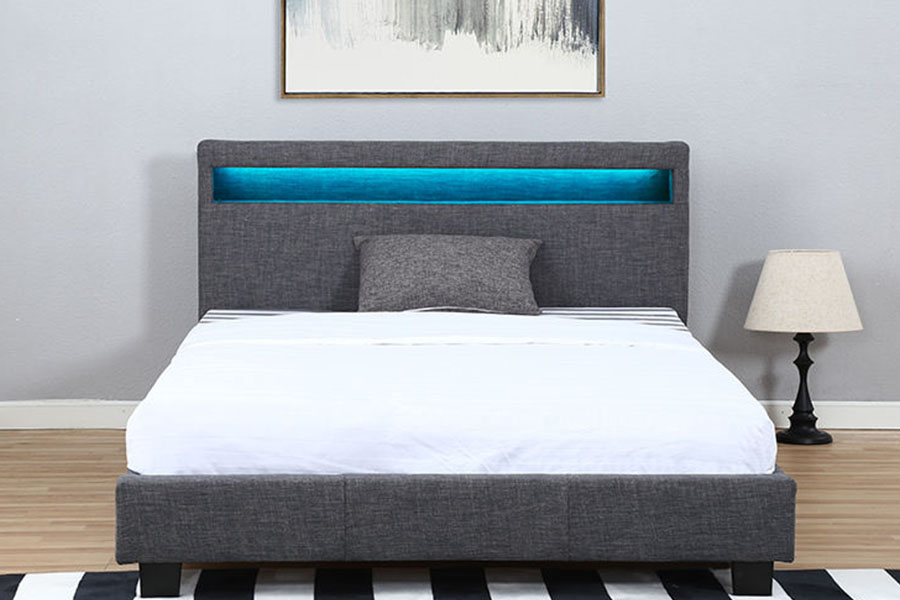 1334-1-2 Khung giường đôi bọc vải lanh có đèn LED trang nhã