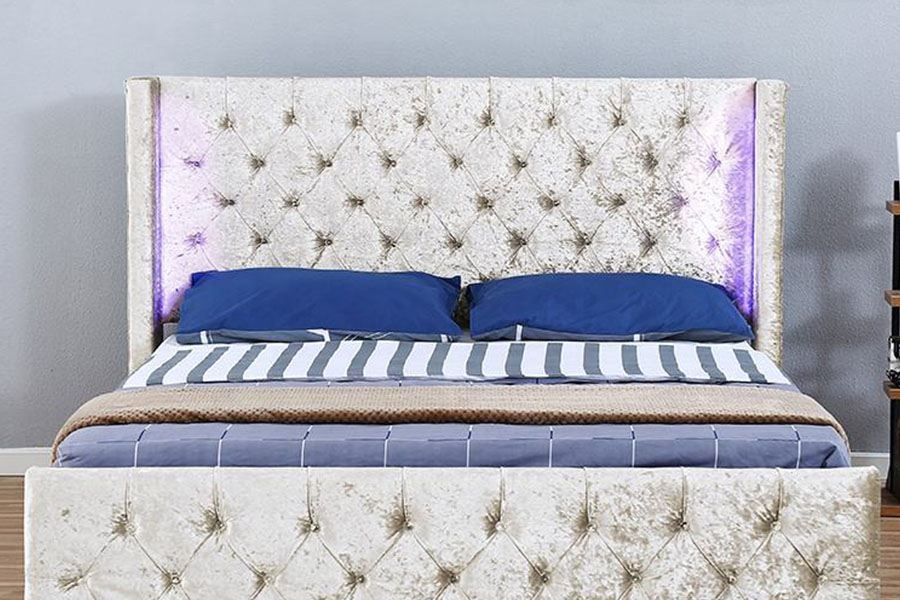 1290-1G Khung giường lưu trữ bằng gỗ có đèn LED bạc-Velvet có cánh-Diamante