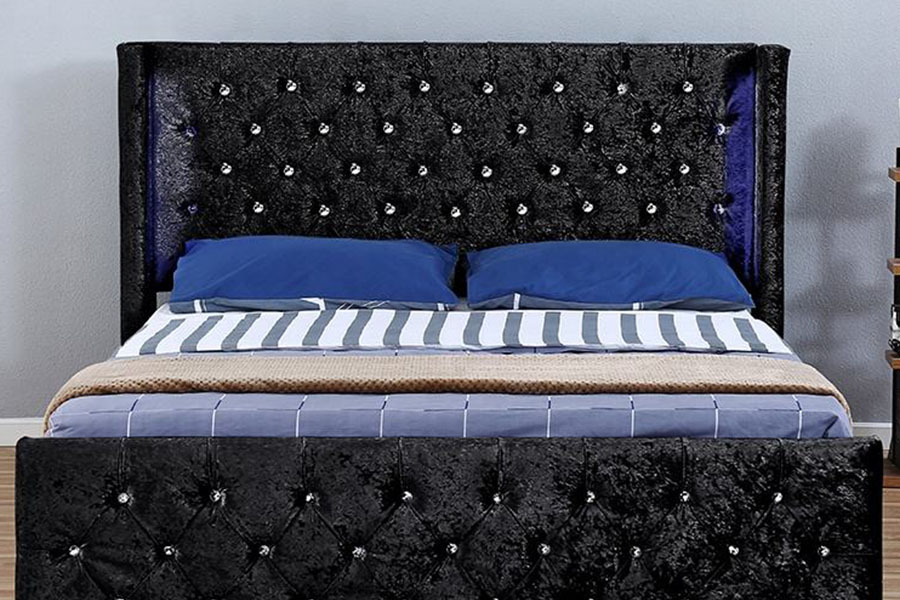 1290-1G Khung giường lưu trữ bằng gỗ có đèn LED bạc-Velvet có cánh-Diamante