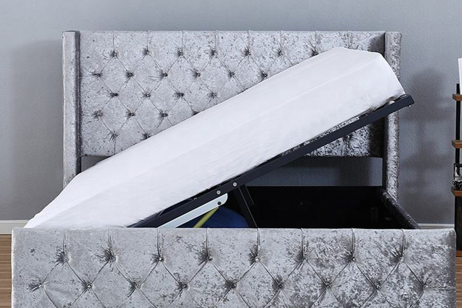 1290-1G Khung giường lưu trữ bằng gỗ có đèn LED bạc-Velvet có cánh-Diamante