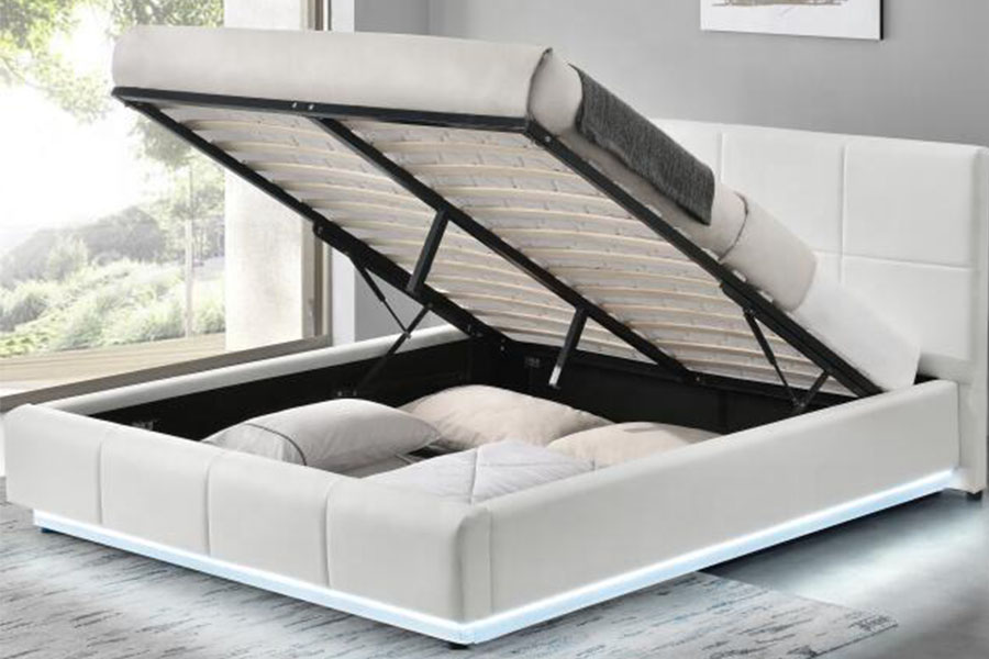 1239-1G Khung giường bọc nệm đôi bằng đèn LED Ottoman giả da màu trắng