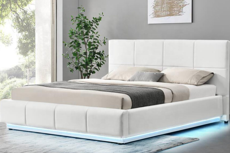 1239-1G Khung giường bọc nệm đôi bằng đèn LED Ottoman giả da màu trắng